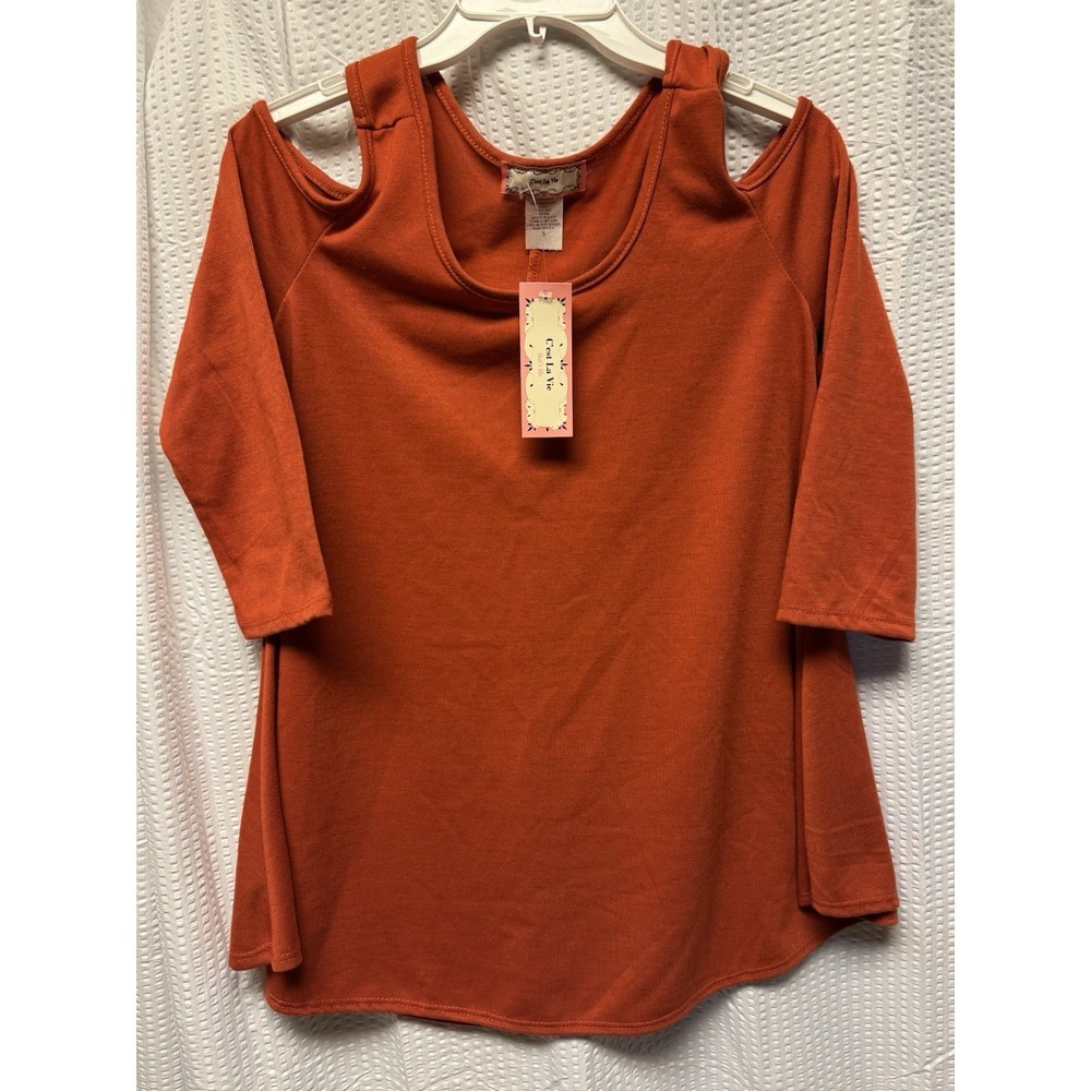 C'este La Vie Women's SZ S Burnt Orange Open Shoulder Long Sleeve Knit USA
